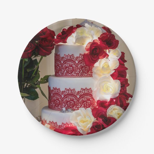 1458-結婚のケーキ、花束、リングや輪、ベール ペーパープレート (正面)