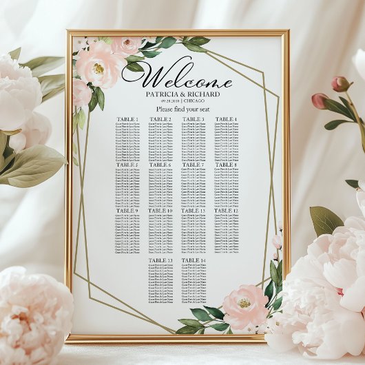14 Tables Blush Geometric Wedding Seating Chart ポスター