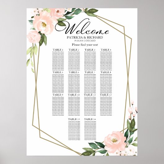 14 Tables Blush Geometric Wedding Seating Chart ポスター (正面)