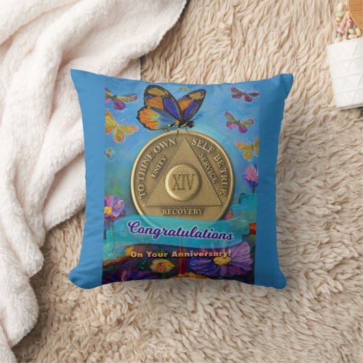 14 Year CUSTOM NAME Sober Anniversary Butterflies クッション (ブランケット)
