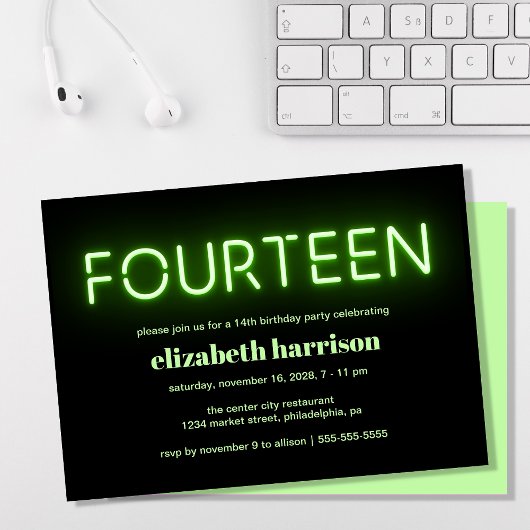 14thバースデーパーティードグリーンネオンライト 招待状