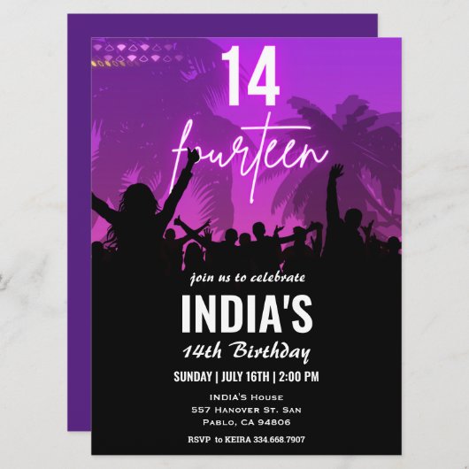 14thバースデーパーティーピンクネオン招待状 招待状 (正面/裏面)