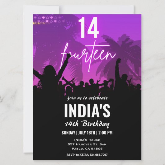 14thバースデーパーティーピンクネオン招待状 招待状 (正面)