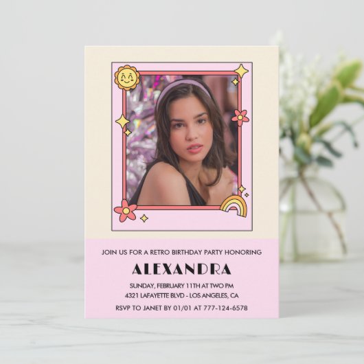 14th誕生日の招待レトロGroovyピンクフローラ 招待状 (スタンド正面)