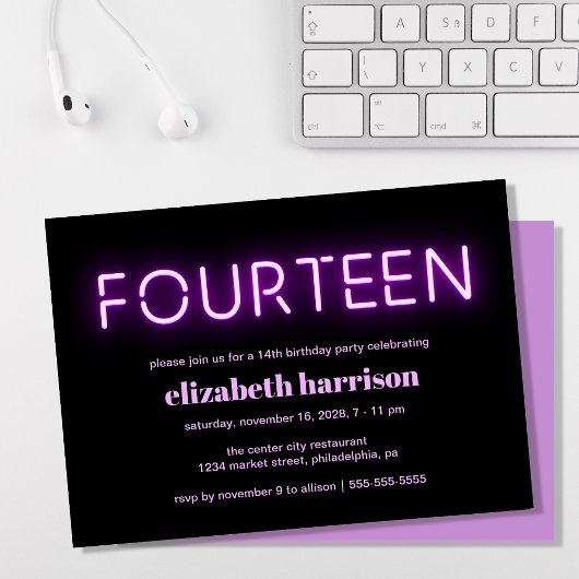 14th誕生日パーティーパープルネオンライト 招待状