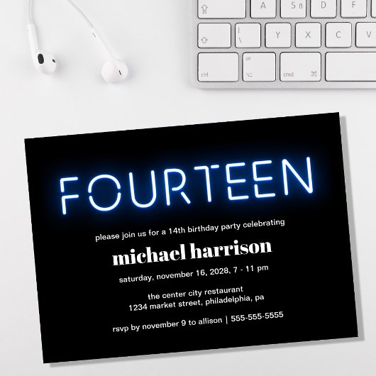 14th誕生日パーティーブルーネオンライト 招待状