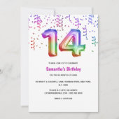 14th誕生日レインボーグリッターカラフルパーティー女の子 招待状 (正面)