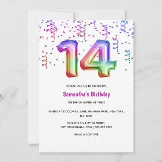 14th誕生日レインボーグリッターカラフルパーティー女の子 招待状 (正面)