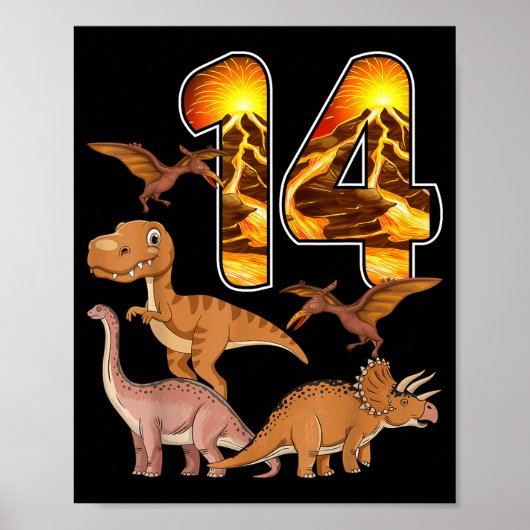 14th Birthday Dinosaur T-rex 14 Years Old Birthday ポスター (正面)