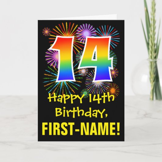 14th Birthday: Fun Fireworks Pattern + Rainbow 14 カード (正面)