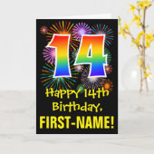 14th Birthday: Fun Fireworks Pattern + Rainbow 14 カード (黄色い花)