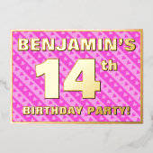 14th Birthday Party —おもしろいピンクのハートとストライプ 箔招待状 (正面)