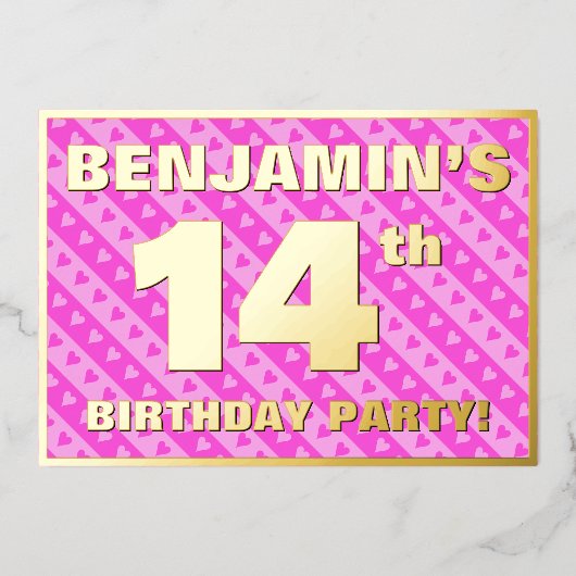 14th Birthday Party —おもしろいピンクのハートとストライプ 箔招待状 (正面)