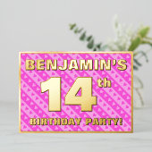 14th Birthday Party —おもしろいピンクのハートとストライプ 箔招待状 (立ち正面)
