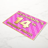 14th Birthday Party —おもしろいピンクのハートとストライプ 箔招待状 (回転した状態)