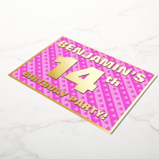 14th Birthday Party —おもしろいピンクのハートとストライプ 箔招待状 (回転した状態)