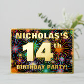 14th Birthday Party —おもしろい、カラフルFireworks Look 箔招待状 (立ち正面)