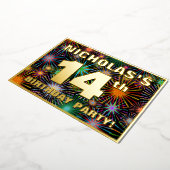 14th Birthday Party —おもしろい、カラフルFireworks Look 箔招待状 (回転した状態)