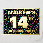 14th Birthday Party —おもしろい、スターカラフルズ・パターン 箔招待状 (正面)