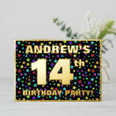 14th Birthday Party —おもしろい、スターカラフルズ・パターン 箔招待状 (立ち正面)