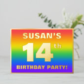 14th Birthday Party:おもしろい、レインボーカラフルパターン 箔招待状 (立ち正面)