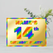 14th Birthday Party —おもしろい、レインボースペクトル「14」 箔招待状 (立ち正面)