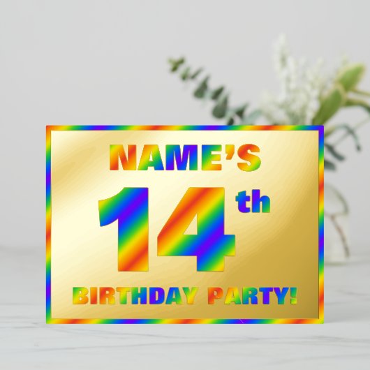 14th Birthday Party —おもしろい、レインボースペクトル「14」 箔招待状 (立ち正面)