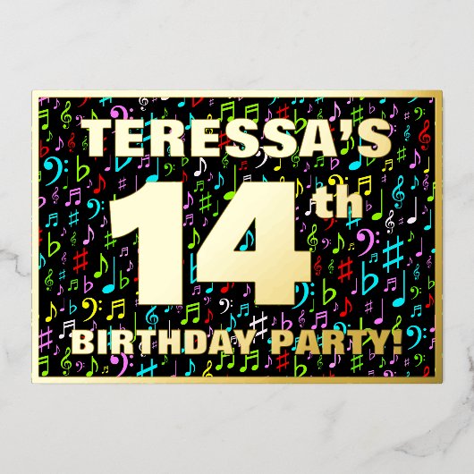 14th Birthday Party —おもしろい、音楽シカラフルンボル 箔招待状 (正面)
