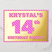 14th Birthday Party — はっきりした、おもしろい、ピンクストライプ色14 箔招待状 (正面)