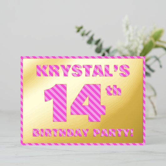 14th Birthday Party — はっきりした、おもしろい、ピンクストライプ色14 箔招待状 (立ち正面)