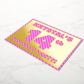 14th Birthday Party — はっきりした、おもしろい、ピンクストライプ色14 箔招待状 (回転した状態)