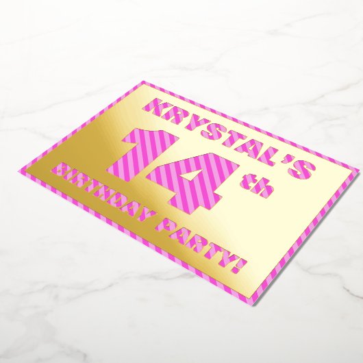 14th Birthday Party — はっきりした、おもしろい、ピンクストライプ色14 箔招待状 (回転した状態)