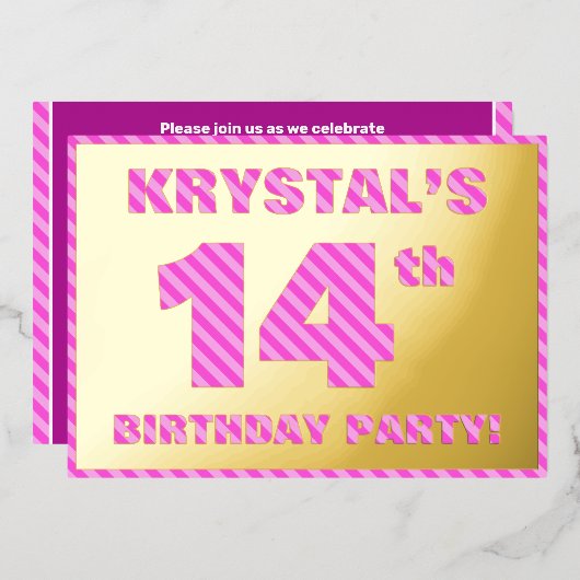 14th Birthday Party — はっきりした、おもしろい、ピンクストライプ色14 箔招待状 (正面/裏面)