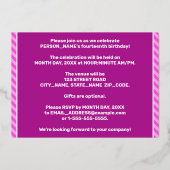 14th Birthday Party — はっきりした、おもしろい、ピンクストライプ色14 箔招待状 (裏面)