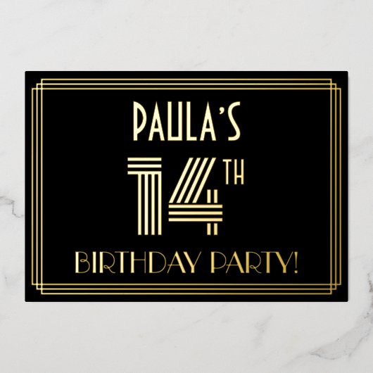 14th Birthday Party —アールデコスタイル「14」 +名前 箔招待状 (正面)