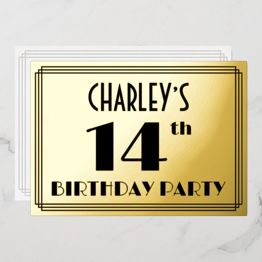 14th Birthday Party —アールデコ検索「14」 +名前 箔招待状 (正面/裏面)