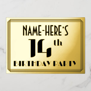 14th Birthday Party:アールデコ「14」と名前 箔招待状