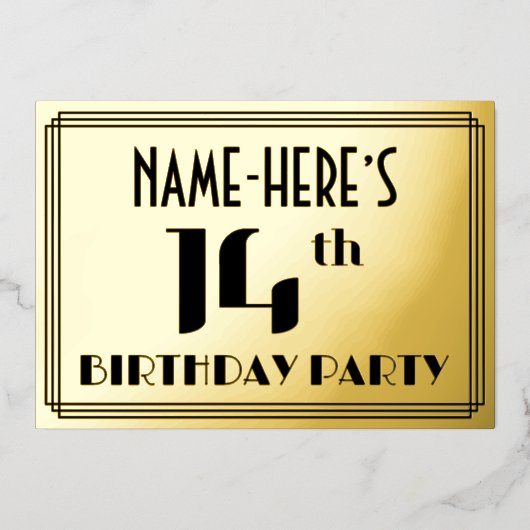 14th Birthday Party:アールデコ「14」と名前 箔招待状 (正面)