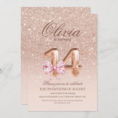 14th Birthday Rose Pink Gold Bow Birthday Party 招待状 (正面/裏面)