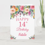 14th Birthday Watercolor Floral Flowers Pink Card カード<br><div class="desc">14th Birthday Watercolor Floral Flowers Pink Card with personalized name and age. For further customization,  please click the "Customize it" button and use our design tool to modify this template.</div>