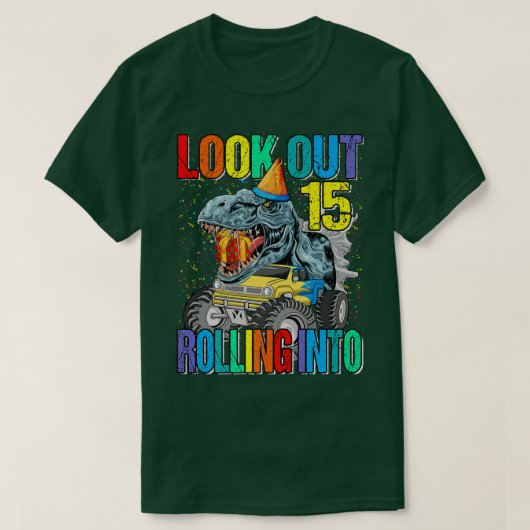 15のモンスタ転がートラックの恐竜を見る Tシャツ (デザイン正面)
