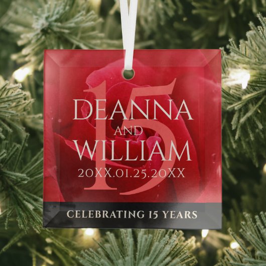 15エレガントバラ結婚記念日お祝い ガラスオーナメント (インサイチュ)