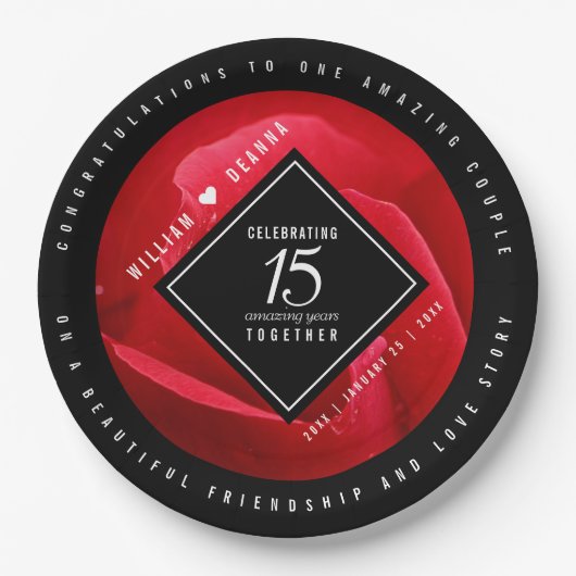 15エレガントバラ結婚記念日お祝い ペーパープレート (正面)