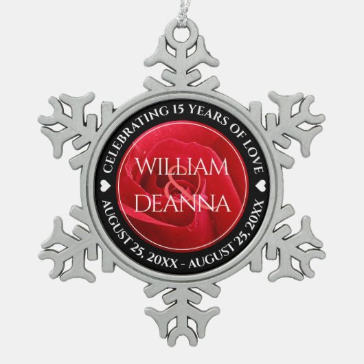 15エレガント日26日36バラ結婚記念日 スノーフレークピューターオーナメント (正面)