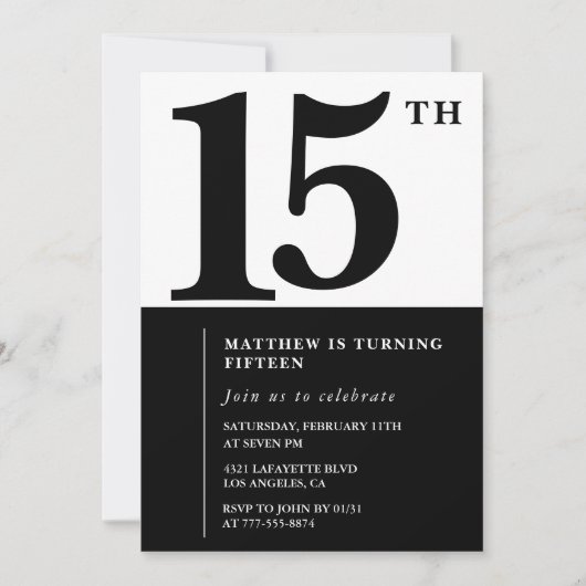 15エレガント歳の誕生日の招待状ブラックシックモダン 招待状 (正面)
