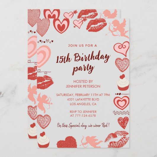 15エレガント歳の誕生日招待状グレイ赤いハート 招待状 (正面/裏面)