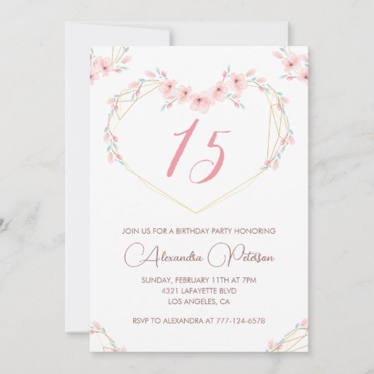 15エレガント歳の誕生日招待状ピンクフローラ 招待状 (正面)