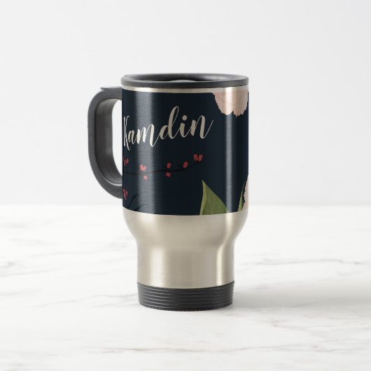 15オンスパーソナライズされたのコーヒーマグ白フローラ流 トラベルマグ (正面左)