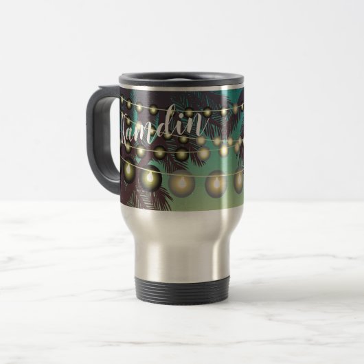 15オンスパーソナライズされたコーヒーマグビーチサンセットパーム トラベルマグ (正面左)