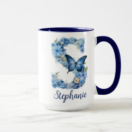 15オンス 花柄 ブルー モノグラム コーヒーマグ マグカップ